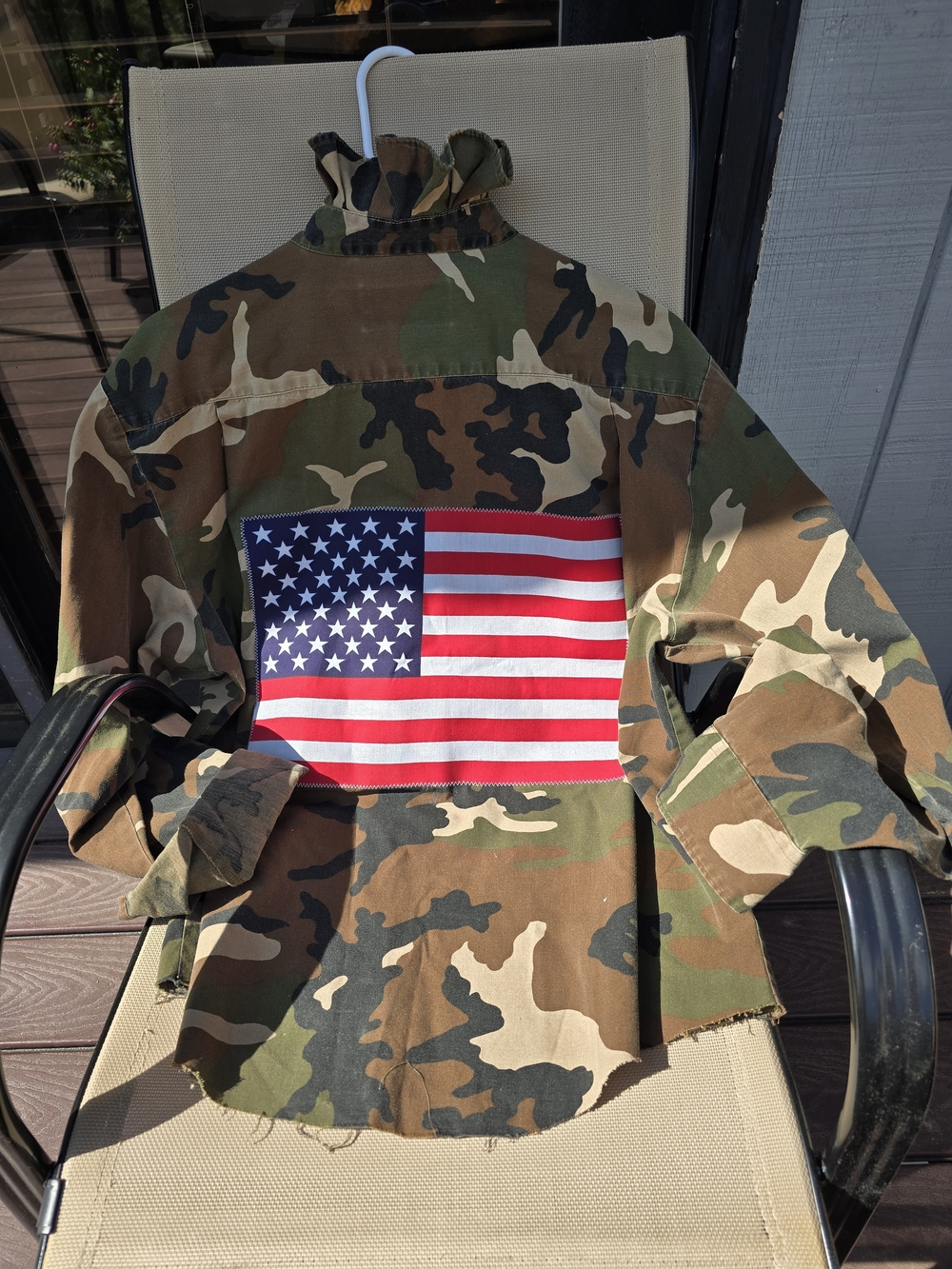 Camo Military-Style Jacket with American Flag Patch